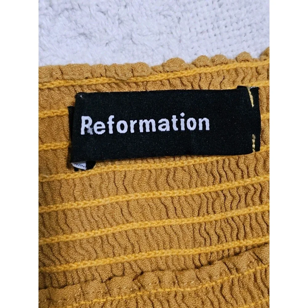 Reformation Mustard Yellow Smocked Crop Top Blouse Square Neck Long Sleeve Sz S